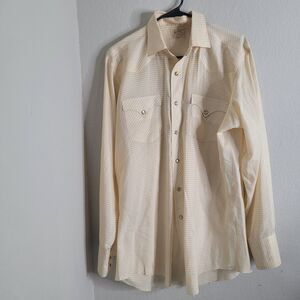 Vintage H Bar C Ranchwear M,L snap button yellow Permanent Press Long Tail fray